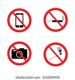 set of prohibiting signs isolated on white background. symbols: do not activate cellphone, no smoking, do not take pictures, do not play with fire
