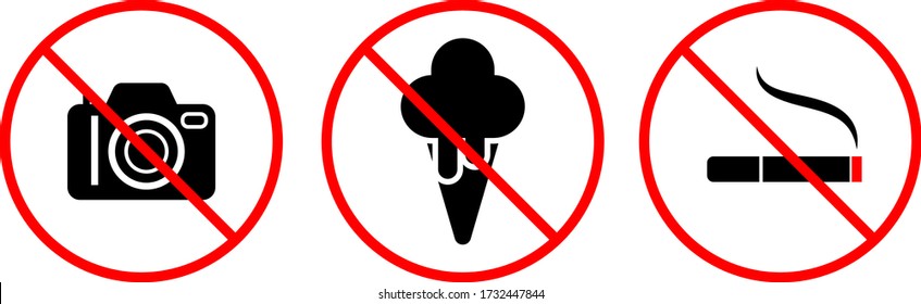 Set of Prohibition Icon. Symbol of No Camera, No Ice Cream and No Smoking.