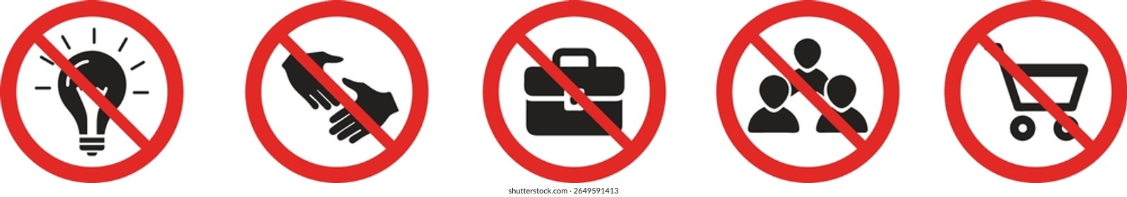 Set of prohibition icons including not idea, no handshake, not briefcase, not group, and not shopping cart, representing restricted actions in business, teamwork, and commerce settings.