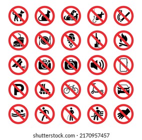 Set of prohibition icons. Prohibition warning. Red circle with oblique line. Vector illustration