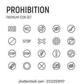 Set of prohibition line icons. Premium pack of signs in trendy style. Pixel perfect objects for UI, apps and web. 