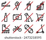 Set of prohibition line signs. No smoking, food, drinks, alcohol, photo, dog, shopping cart, roller skates, bicycle, skateboard, kick scooter outline icons. Editable stroke. Vector graphics