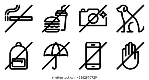 Set of prohibition line signs. No smoking, food and drinks, flash, animal, backpack, umbrella, phone outline icons isolated on white background. Do not touch symbol in linear style. Vector graphics