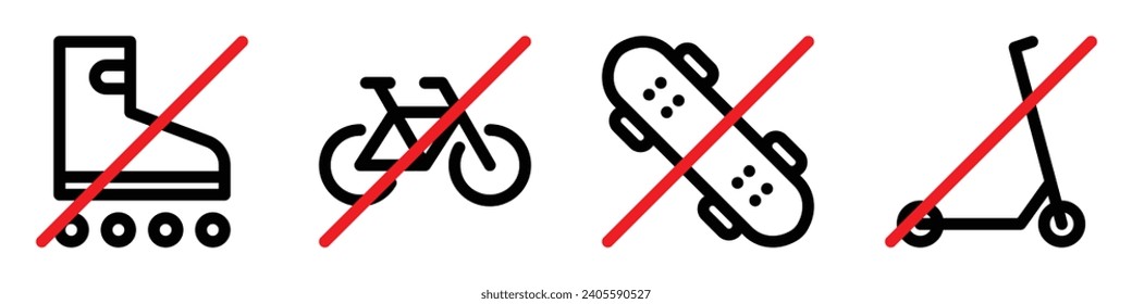 Set of prohibition line signs. No roller skates, bicycle, skateboard, kick scooter outline icons isolated on white background. Editable stroke. Vector graphics