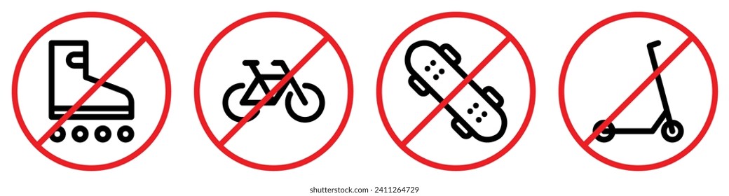 Set of prohibition line signs. No roller skates, bicycle, skateboard, kick scooter outline icons isolated on white background. Editable stroke. Vector graphics