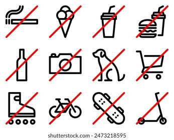 Set of prohibition line signs. No smoking, food, drinks, alcohol, photo, dog, shopping cart, roller skates, bicycle, skateboard, kick scooter outline icons. Editable stroke. Vector graphics