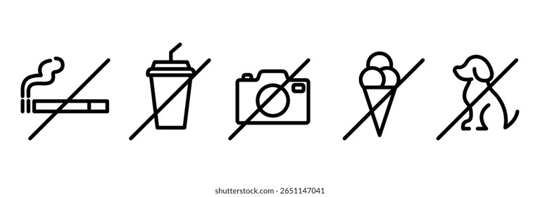 Set of prohibition line signs. No smoking, food, drinks, photo, video, animals, trolley, ice cream, outline icons on white background. Vector illustration.
