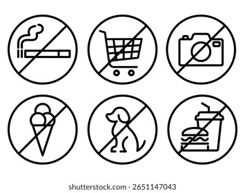 Set of prohibition line signs. No smoking, food, drinks, photo, video, animals, trolley, ice cream, outline icons on white background. Vector illustration.
