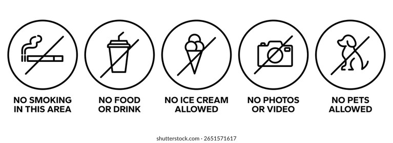 Set of prohibition line signs. No smoking, food, drinks, photo, video, animals, trolley, ice cream, outline icons on white background. Vector illustration.