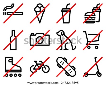 Set of prohibition line signs. No smoking, food, drinks, alcohol, photo, dog, shopping cart, roller skates, bicycle, skateboard, kick scooter outline icons. Editable stroke. Vector graphics