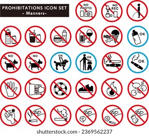 A set of prohibition marks for contents that are prohibited in  public facilities. 