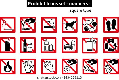 A set of prohibition marks for contents that are prohibited in hospitals and public facilities.