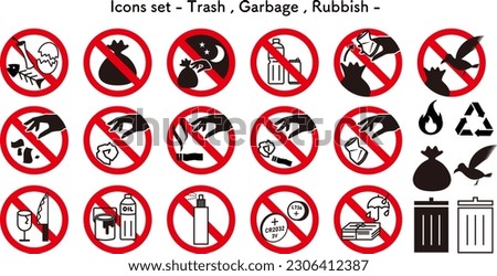 A set of prohibition marks for prohibited content regarding garbage disposal. [[stock_photo]] © 