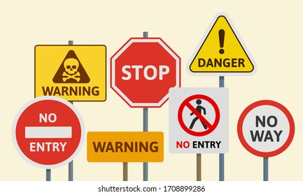 Set of prohibition road signs. No way, stop, warning, danger. Everything is forbidden! Vector illustration, flat design, isolated background.