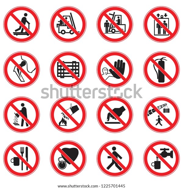 A set of\
prohibition safety signs. ISO 7010. Red circle on white background\
prohibition safety signs set