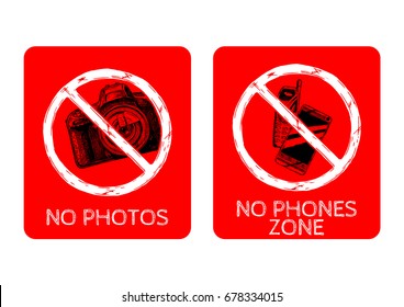 set of prohibition sign. No photography, no phones zone. Vector hand drawn illustration in vintage engraved style.