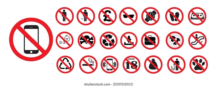 Set of prohibition sign. Stop symbol. No phone. no smoking sign set. eps 10