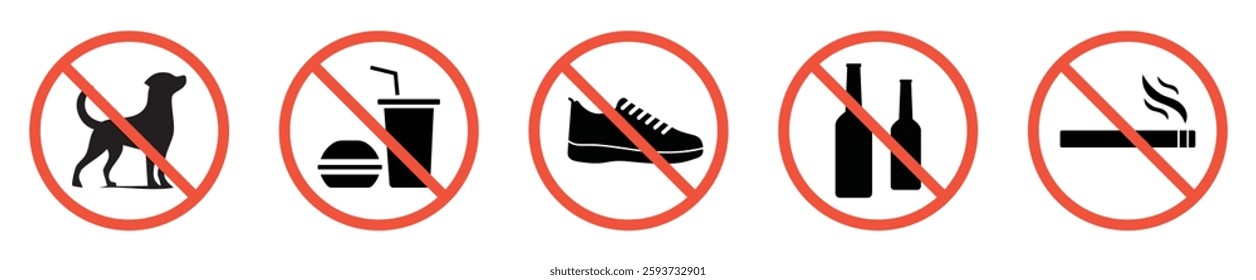 Set of prohibition sign symbol, no smoking, no eating, shoes, no alcohol and no dogs. Ban sign symbol Isolated vector illustration.