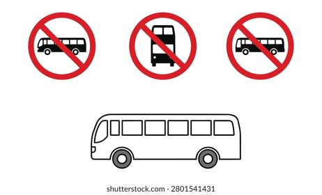 A set of prohibition signs for buses alongside a simple line drawing of a passenger bus.