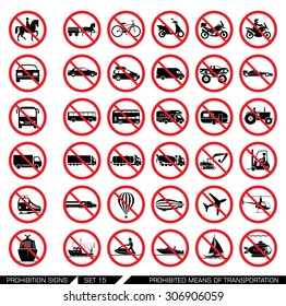 Set of prohibition signs for different means of transportation. Collection of signs that ban usage of certain means of transportation. Transportation icons.                                     