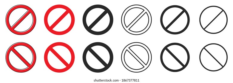 Conjunto de signos de prohibición de diferentes espesores. Ilustración vectorial. Detener el símbolo aislado. Icono de prohibición roja