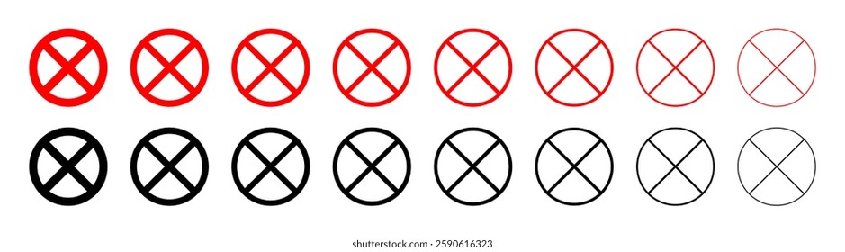Set of prohibition signs of different thicknesses. Red and black circle sign stop entry ang slash line isolated