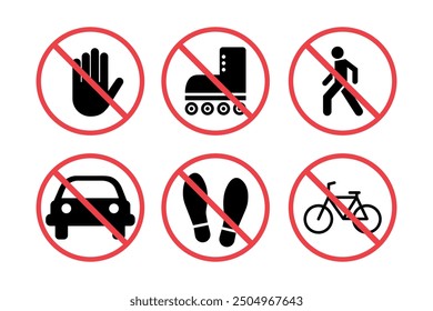 Set of prohibition signs. Do not walk or stand here, do not touch, no roller skates, bicycle, people, car. Outline icons isolated on white background, red forbidden circle vector stickers.
