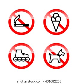 set of prohibition signs at the entrance to the store or shop. Not allowed icons: no dogs, no ice cream, no smoking, no skates. Vector icons
