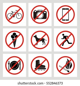 set of prohibition signs at the entrance to the store or shop. Not allowed icons: no dogs, ice cream, smoking, skates, bike, photo, fire, smartphone, eat,run