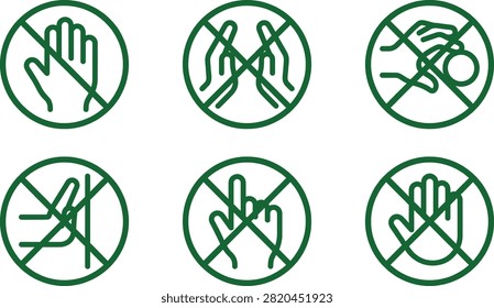 Set of prohibition signs. Hand gestures like stop, crossed hands, no touch, pointing finger crossed out. Warning, restriction, and forbidden actions.