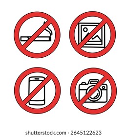 Set of prohibition signs including no smoking, no photos, no mobile phones, and no image capturing. Red circle warning icons for public safety and regulations