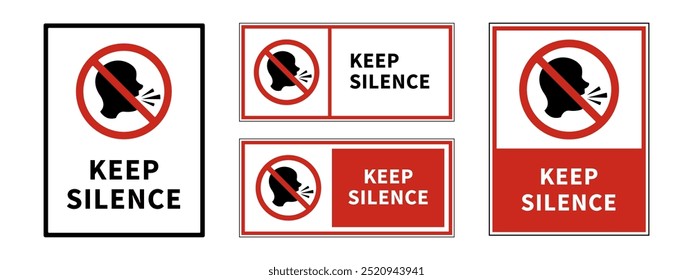 Set of prohibition signs. Keep silence signs displayed in various layouts. Red and white warning symbols with a crossed-out talking silhouette. Collection of no noise or quiet area symbols.