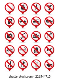 Set of prohibition signs as map markers, vector eps10 illustration