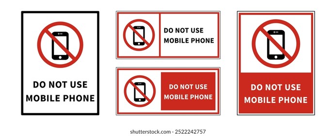 Set of prohibition signs. No mobile phone signs displayed in various layouts. Red and white warning symbols with a crossed-out silhouette. Collection of no phone area symbols. 