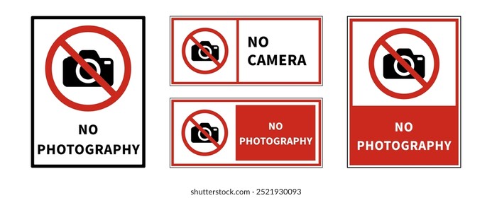 Set of prohibition signs. No photography signs displayed in various layouts. Red and white warning symbols with a crossed-out silhouette. Collection of no camera symbols. vector illustration