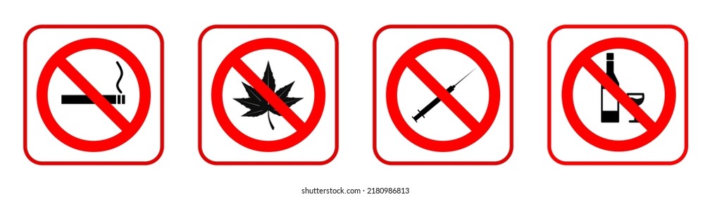 set of prohibition signs. No smoking, no drinking, no drugs.