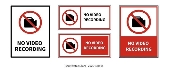 Set of prohibition signs. No video recording signs displayed in various layouts. Red and white warning symbols with a crossed-out silhouette. Collection of no video recording symbols.