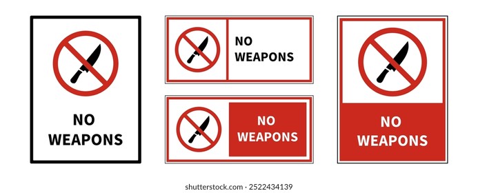 Conjunto de signos de prohibición. No se muestran letreros de armas en varios diseños. Símbolos de advertencia rojos y blancos con una silueta tachada. Colección de símbolos de no armas.