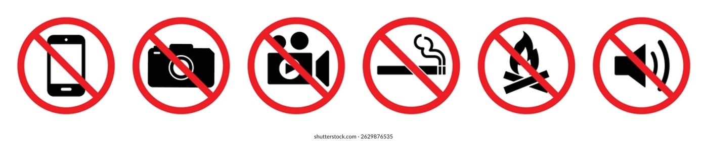 Set of prohibition signs with red circles and slashes indicating no mobile phones, no photography, no videography, no smoking, and loud noise. Ideal for safety and warning use.