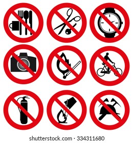 A set of prohibition signs
Safety signs.Red circle prohibition sign. Stop flat symbol. Vector.