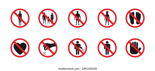 A set of prohibition signs. Silhouettes of people in red forbidding circles. Littering is prohibited. Walking prohibited