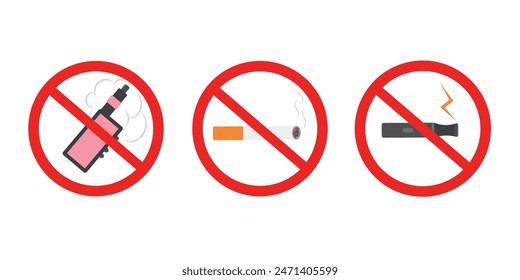 Set of prohibition signs for Vapes, Electronic cigarettes, tobacco. no tobacco day. Healthy lifestyle concept. Smoking kills. Vector illustration, badges, logo, emblems, posters