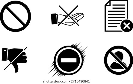 Conjunto de signos de prohibición Elementos de diseño de silueta de Vector. Este Paquete incluye varios íconos de "no" o "no permitido", adecuados para su uso en diseños relacionados con la seguridad, advertencia o restricción. Ideal para infografías, presentaciones y comunicación visual.