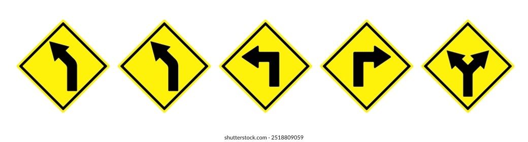 Set prohibition of traffic signs. Right turn and left turn prohibited. Yellow warning diamond traafic sign. Collection prohibition symbols. Guide character signs vector Illustration.