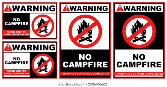 Set Prohibition warning no campfire public sign design vector illustration