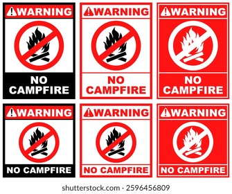 Set Prohibition warning no campfire public sign design vector illustration