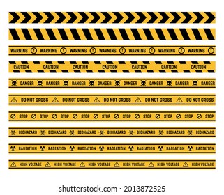 Set of prohibition and warning tapes vector flat illustration. Danger, stop, and caution ribbons isolated on white background. Radiation, toxic, high voltage, and biohazard labels. Poison area.