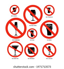 Set of prohibitive signs with types of alcoholic beverages. Vodka wine tequila champagne rum beer martini whiskey liquor. Collection glassware in red circle. Warning illustration on white background.
