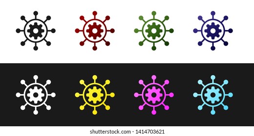 Set Project management icon isolated on black and white background. Hub and spokes and gear solid icon. Vector Illustration