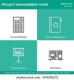 Set Of Project Management Icons On Investment, Quality Management And Statistics. Project Management Icons Can Be Used For Web, Mobile And Infographics Design. Vector Illustration, Eps10.